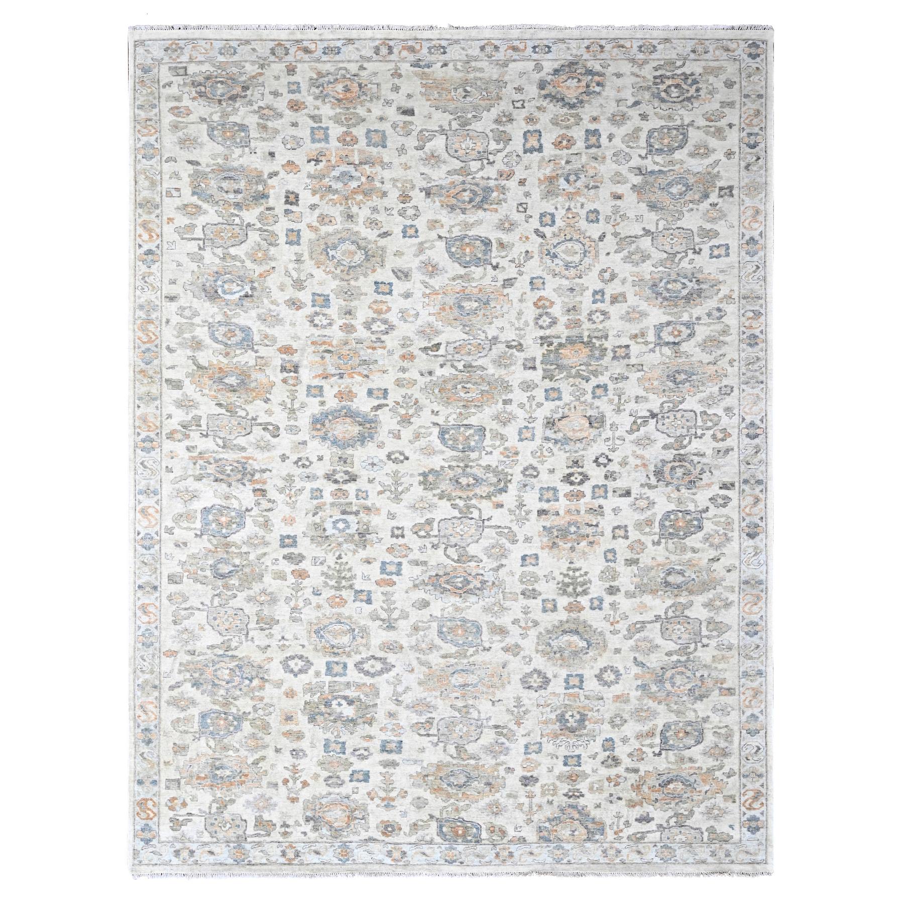 Linen White, Distressed, Antiqued Persian with Ziegler Mahal Design, Oxidized, Zero Pile, Shaved Low, 100% Wool, Hand Knotted, Oriental Rug